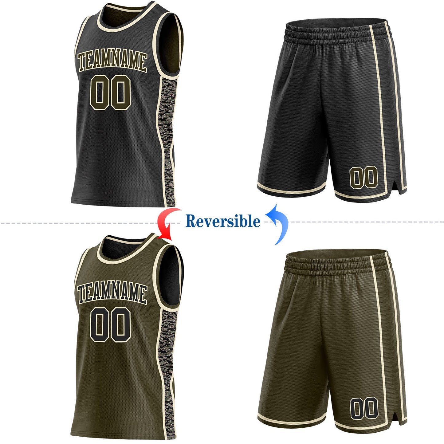 Custom Black Olive-Cream Camo Side Panel Stripe Reversible Double Side Sublimation Basketball Set Jersey view 2