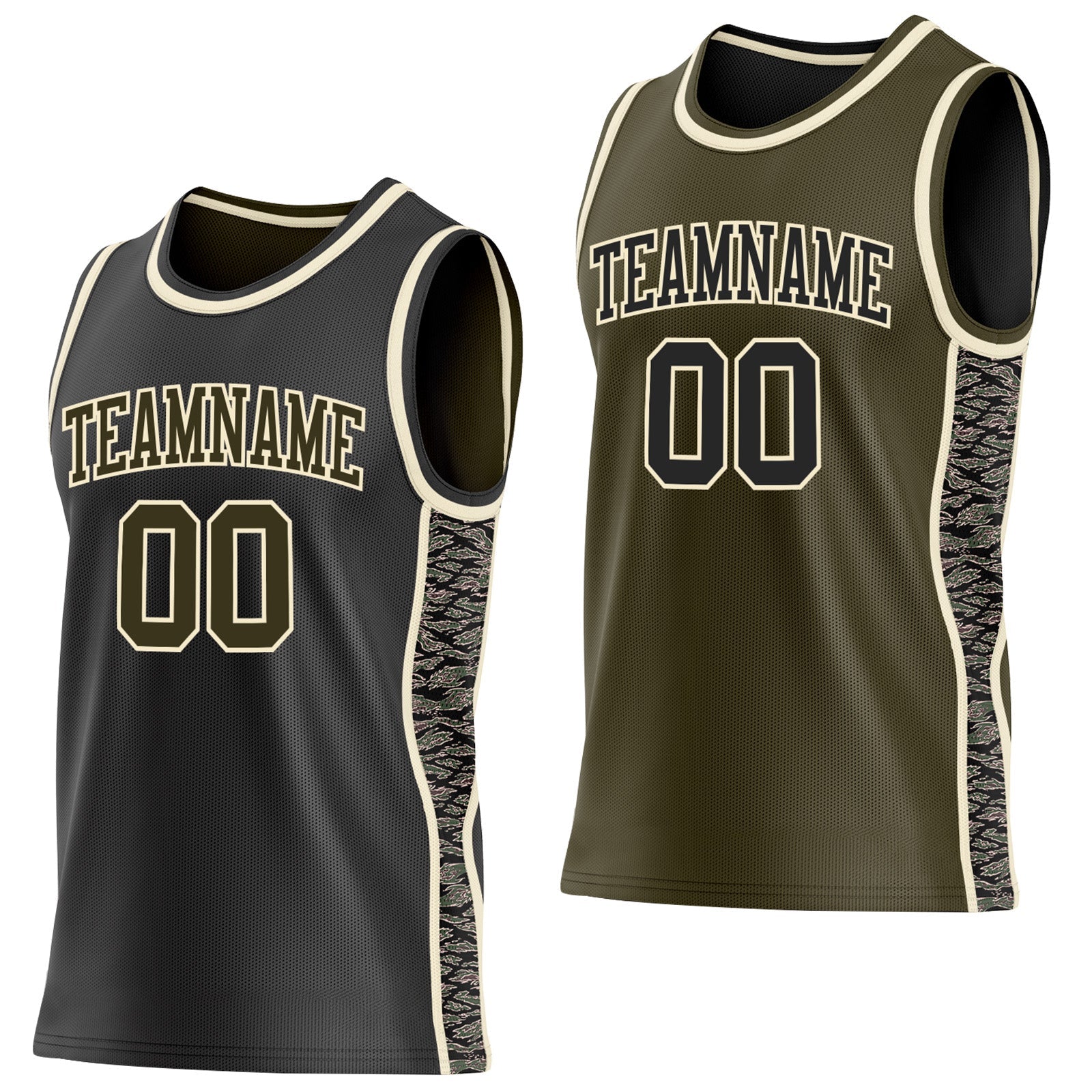 Custom Black Olive-Cream Camo Side Panel Stripe Reversible Double Side Sublimation Basketball Set Jersey - Main View
