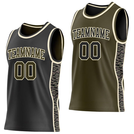 Custom Black Olive-Cream Camo Side Panel Stripe Reversible Double Side Sublimation Basketball Set Jersey - Main View