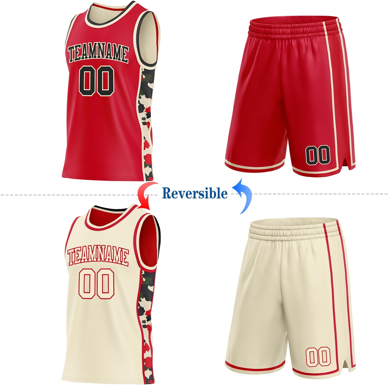 Custom Red Black-Cream Camo Side Panel Stripe Reversible Double Side Sublimation Basketball Set Jersey view 2