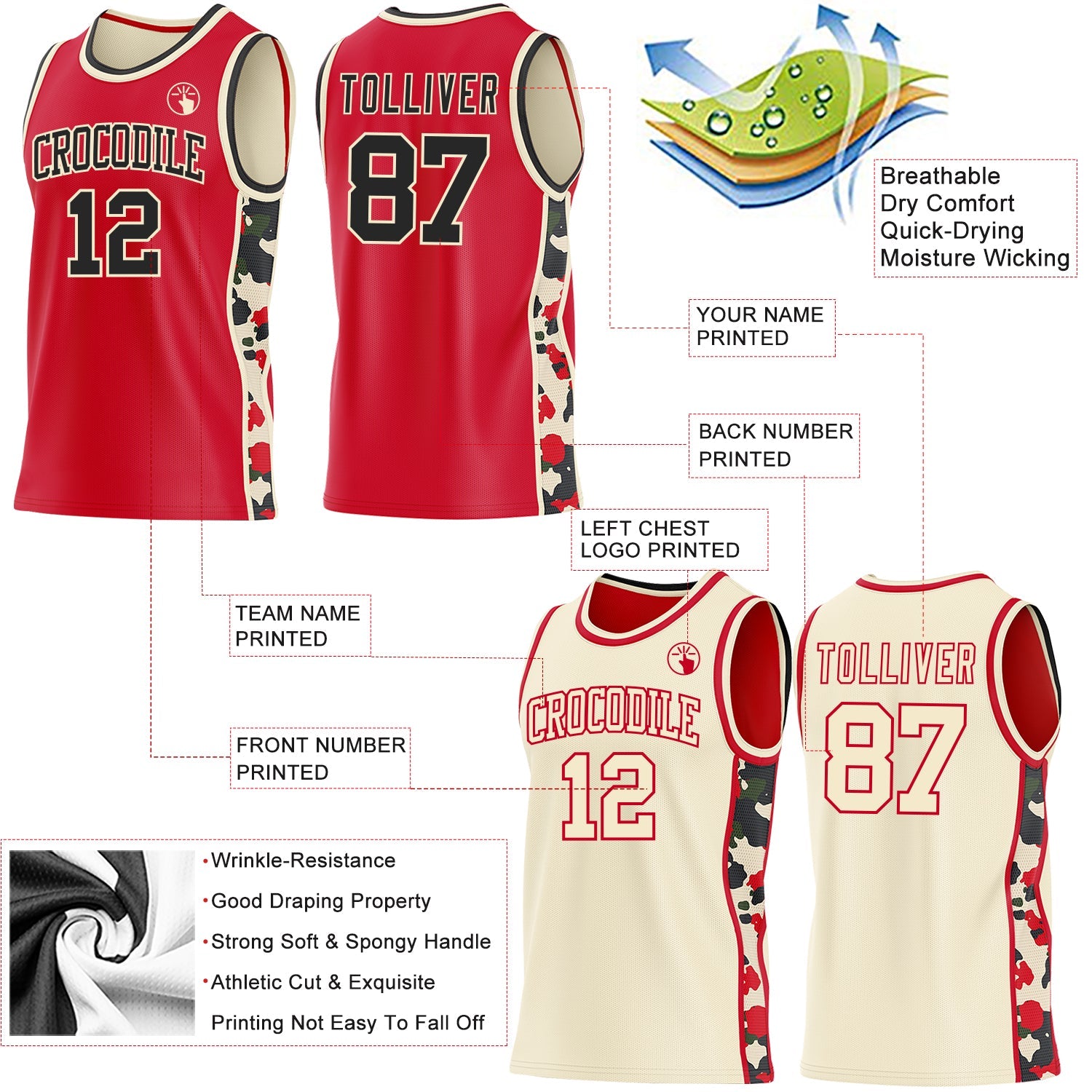 Custom Red Black-Cream Camo Side Panel Stripe Reversible Double Side Sublimation Basketball Set Jersey view 3