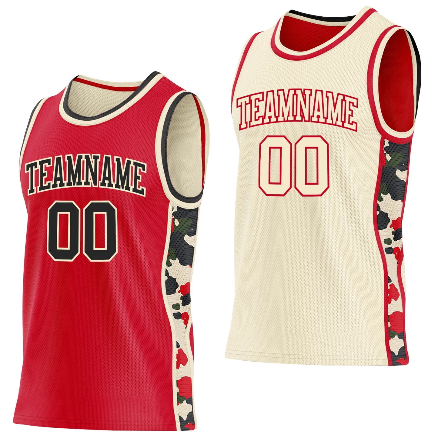 Custom Red Black-Cream Camo Side Panel Stripe Reversible Double Side Sublimation Basketball Set Jersey - Main View