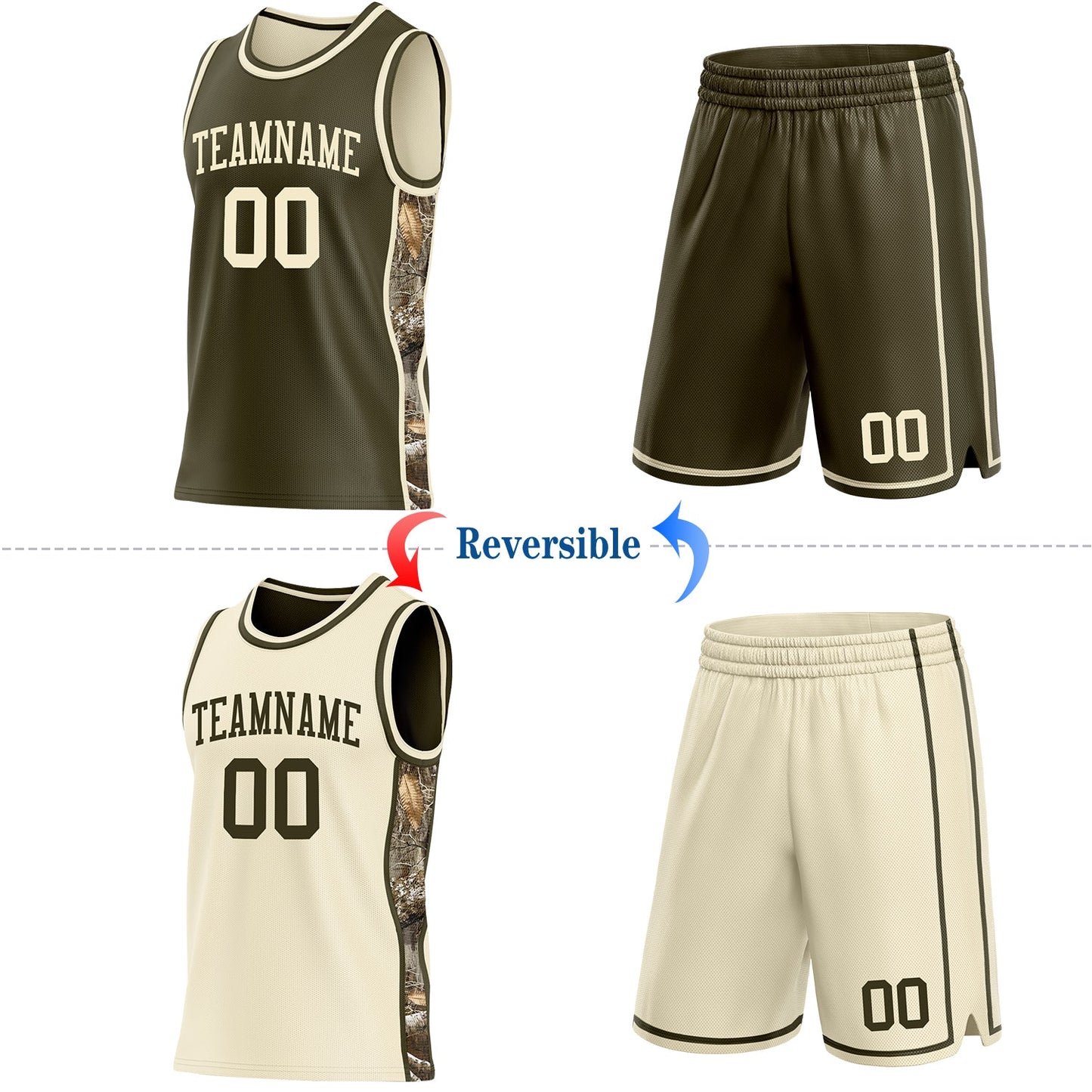 Custom Olive-Cream Woodland Camo Side Panel Stripe Reversible Double Side Sublimation Basketball Set Jersey view 2