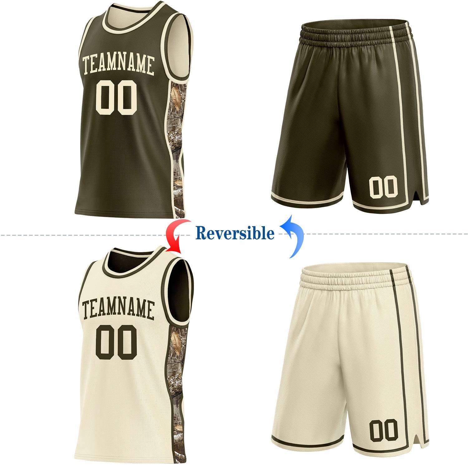 Custom Olive-Cream Woodland Camo Side Panel Stripe Reversible Double Side Sublimation Basketball Set Jersey view 2