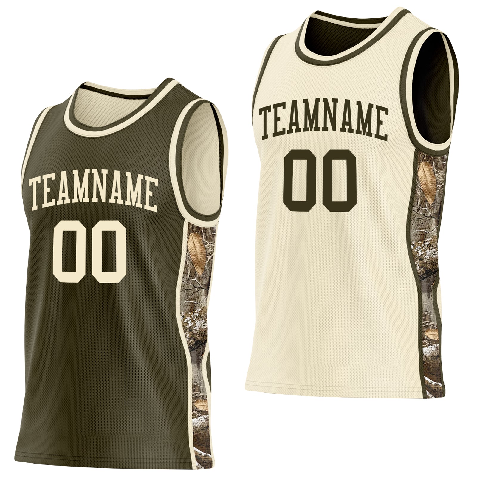 Custom Olive-Cream Woodland Camo Side Panel Stripe Reversible Double Side Sublimation Basketball Set Jersey - Main View