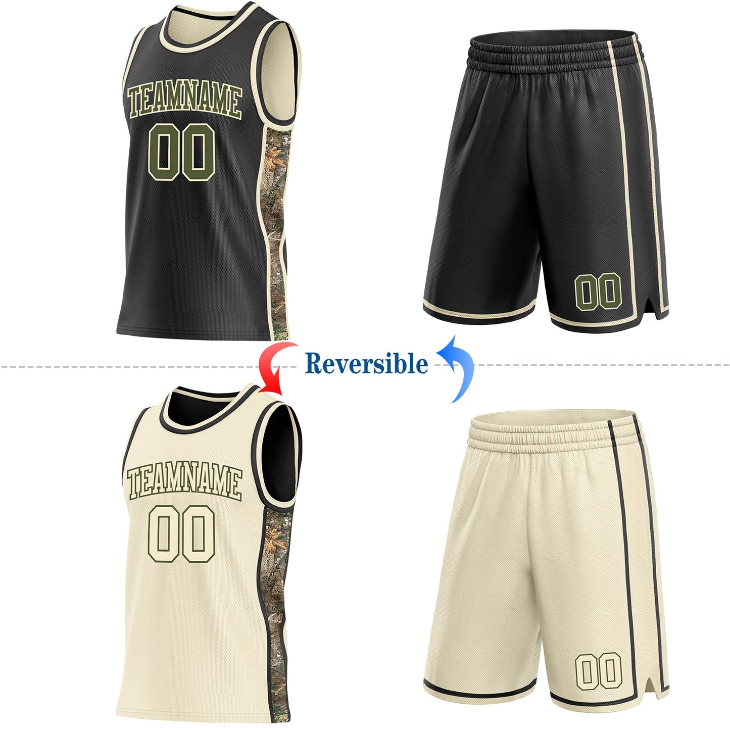 Custom Black Olive-Cream Woodland Camo Side Panel Stripe Reversible Double Side Sublimation Basketball Set Jersey view 2