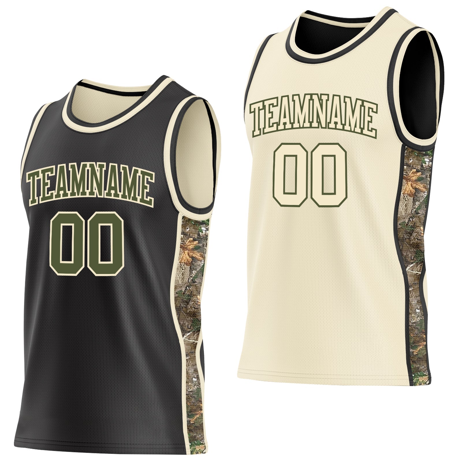 Custom Black Olive-Cream Woodland Camo Side Panel Stripe Reversible Double Side Sublimation Basketball Set Jersey - Main View