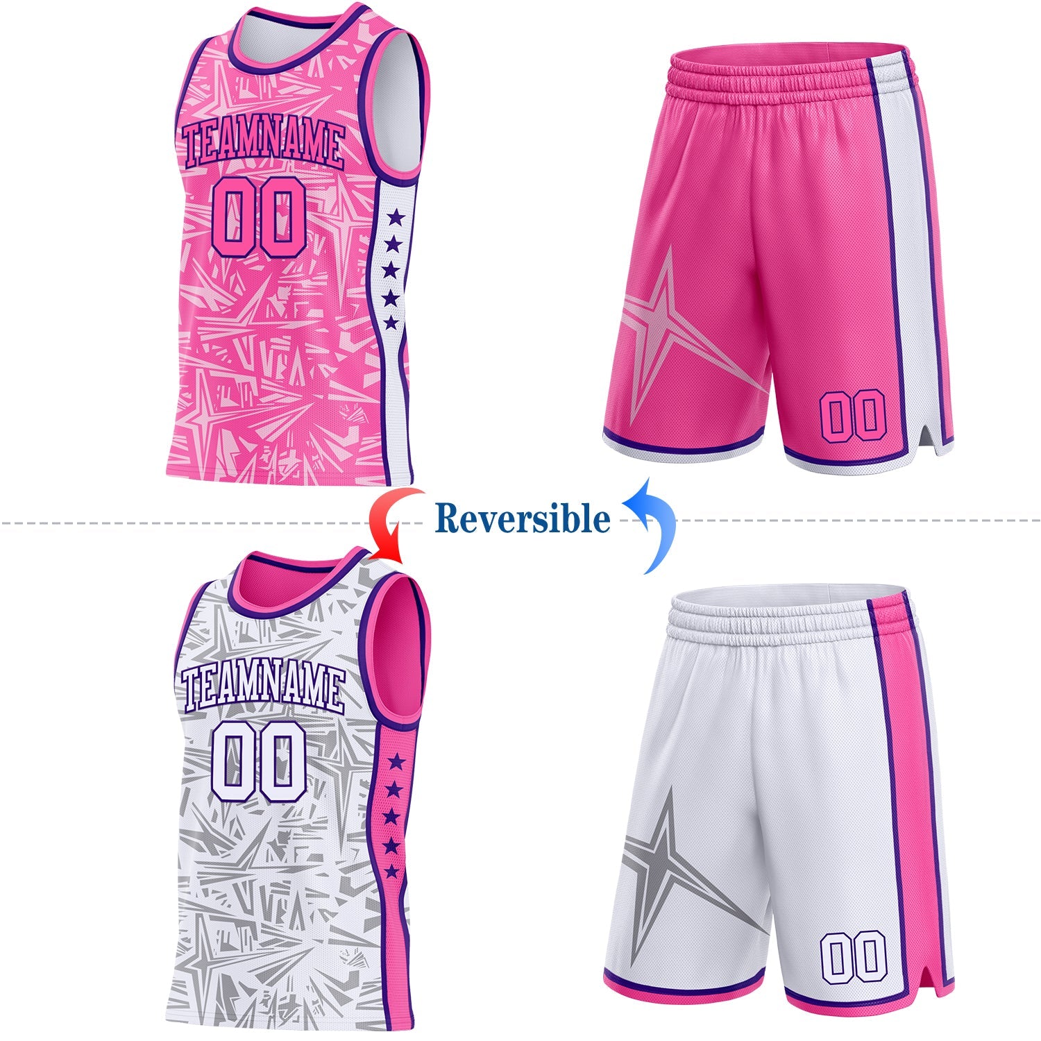 Custom Pink Purple-White Side Panel Stripe Stars Geometric Shatter Starburst Reversible Double Side Sublimation Basketball Set Jersey view 2