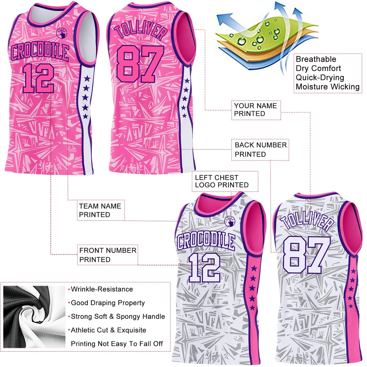 Custom Pink Purple-White Side Panel Stripe Stars Geometric Shatter Starburst Reversible Double Side Sublimation Basketball Set Jersey view 3