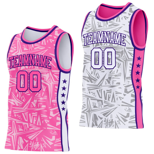 Custom Pink Purple-White Side Panel Stripe Stars Geometric Shatter Starburst Reversible Double Side Sublimation Basketball Set Jersey - Main View