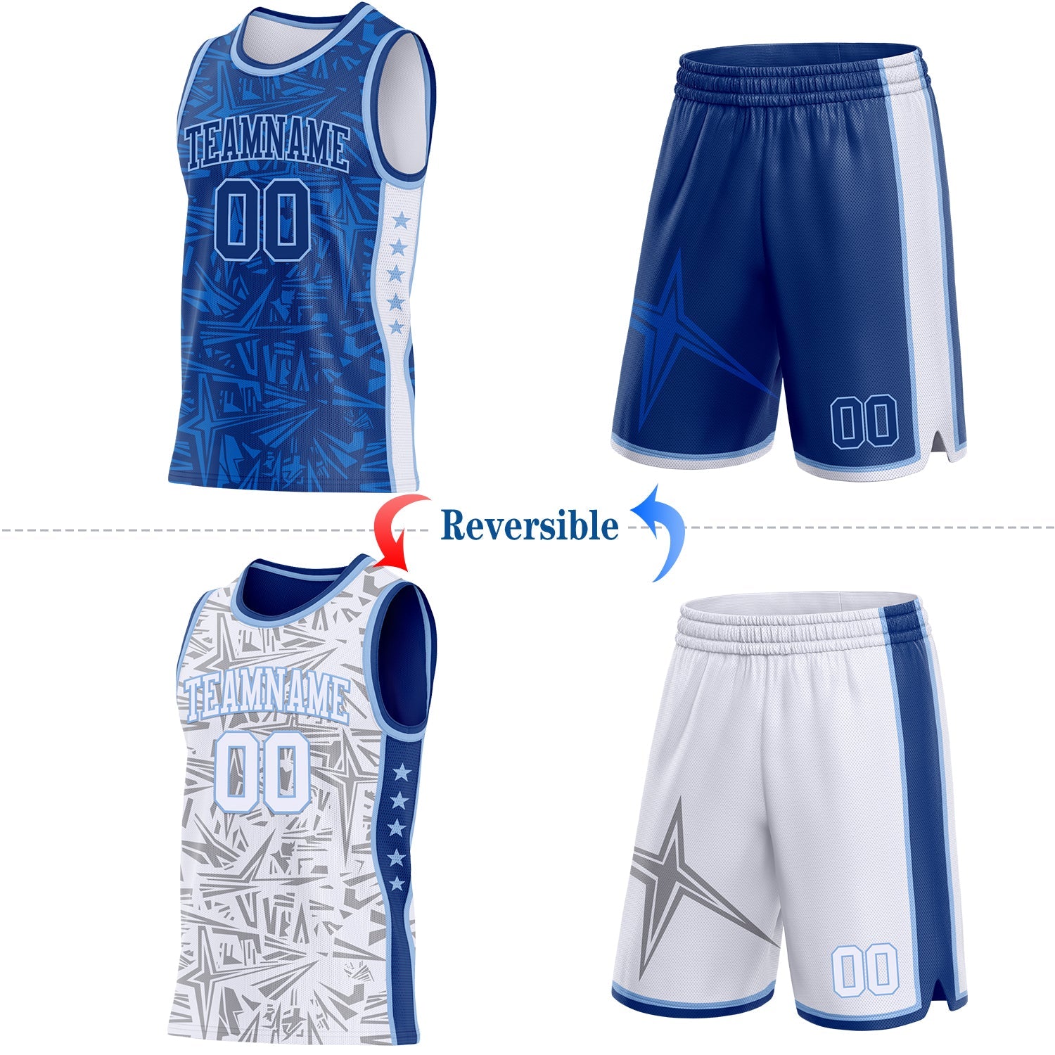 Custom Royal Light Blue-White Side Panel Stripe Stars Geometric Shatter Starburst Reversible Double Side Sublimation Basketball Set Jersey view 2