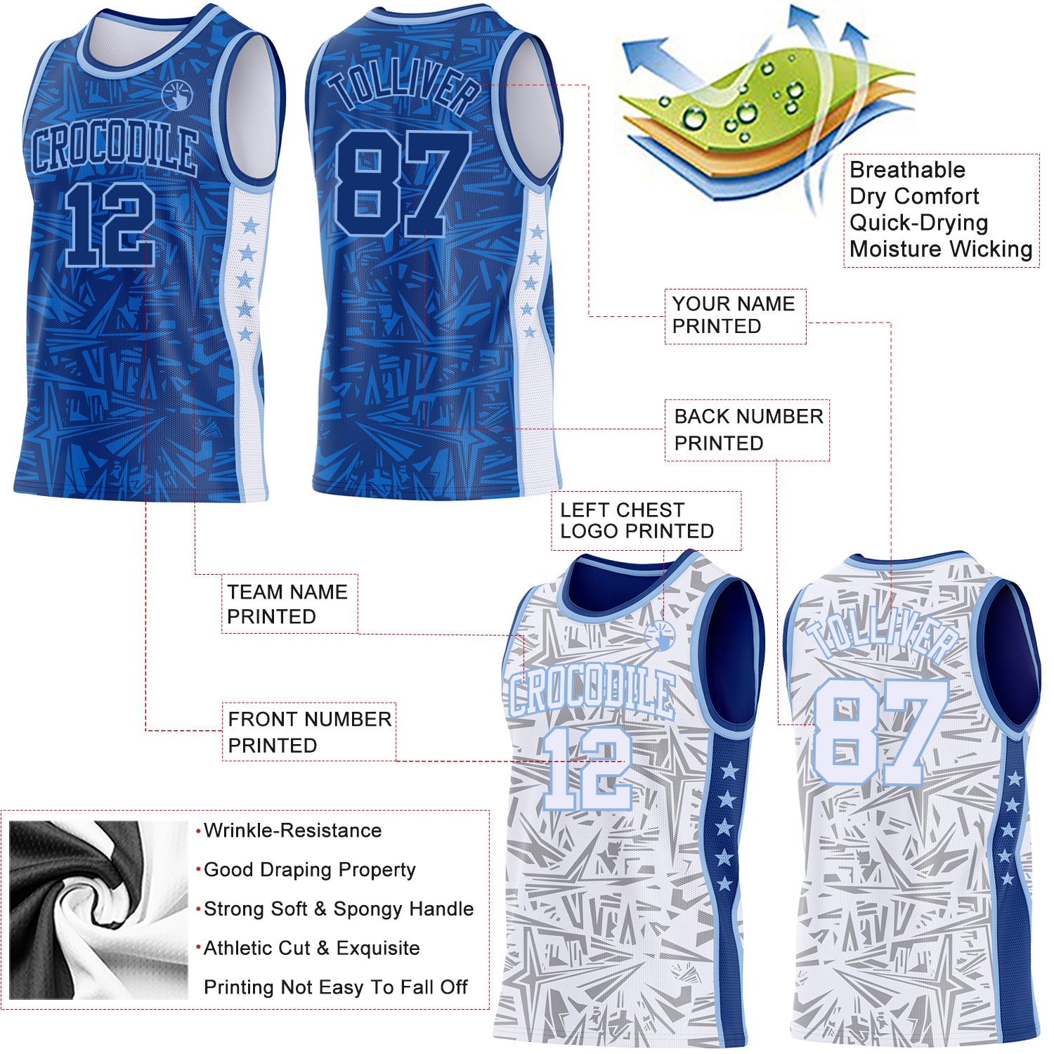 Custom Royal Light Blue-White Side Panel Stripe Stars Geometric Shatter Starburst Reversible Double Side Sublimation Basketball Set Jersey view 3