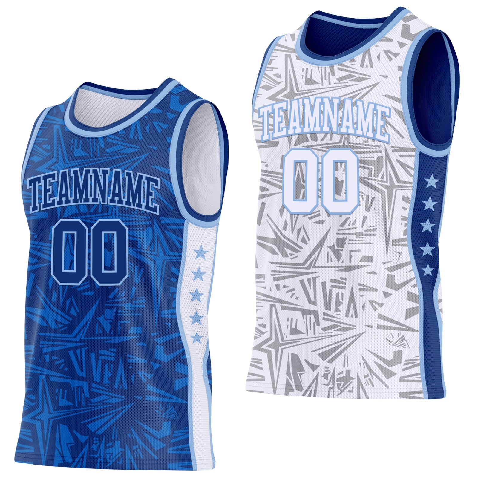 Custom Royal Light Blue-White Side Panel Stripe Stars Geometric Shatter Starburst Reversible Double Side Sublimation Basketball Set Jersey - Main View