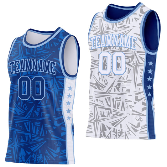 Custom Royal Light Blue-White Side Panel Stripe Stars Geometric Shatter Starburst Reversible Double Side Sublimation Basketball Set Jersey - Main View
