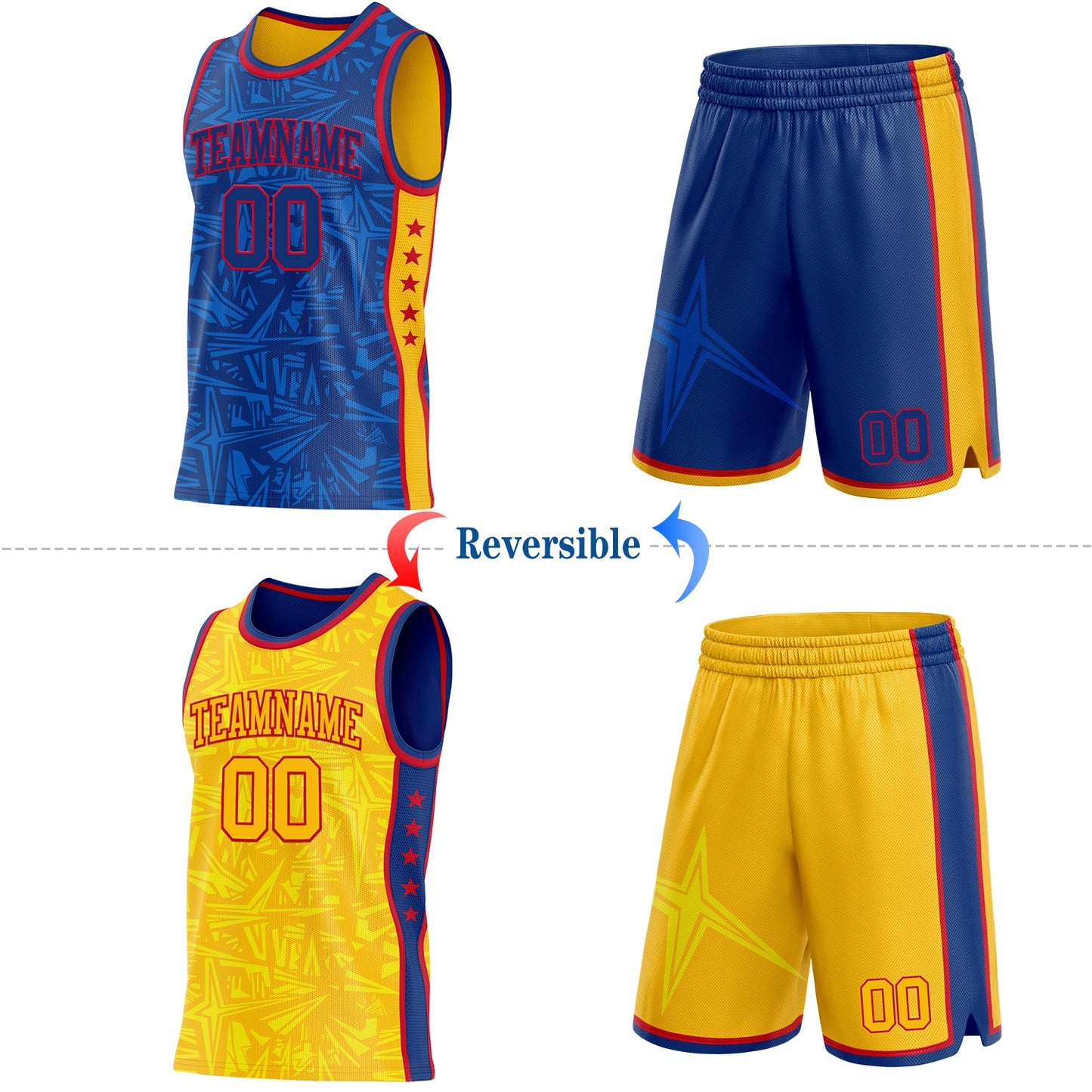 Custom Royal Red-Gold Side Panel Stripe Stars Geometric Shatter Starburst Reversible Double Side Sublimation Basketball Set Jersey view 2