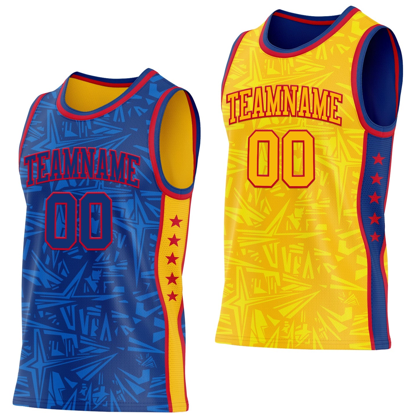 Custom Royal Red-Gold Side Panel Stripe Stars Geometric Shatter Starburst Reversible Double Side Sublimation Basketball Set Jersey - Main View