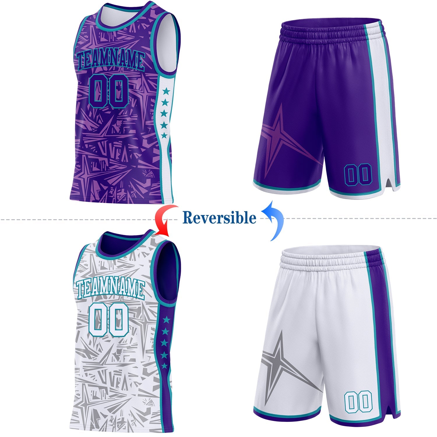 Custom Purple Teal-White Side Panel Stripe Stars Geometric Shatter Starburst Reversible Double Side Sublimation Basketball Set Jersey view 2