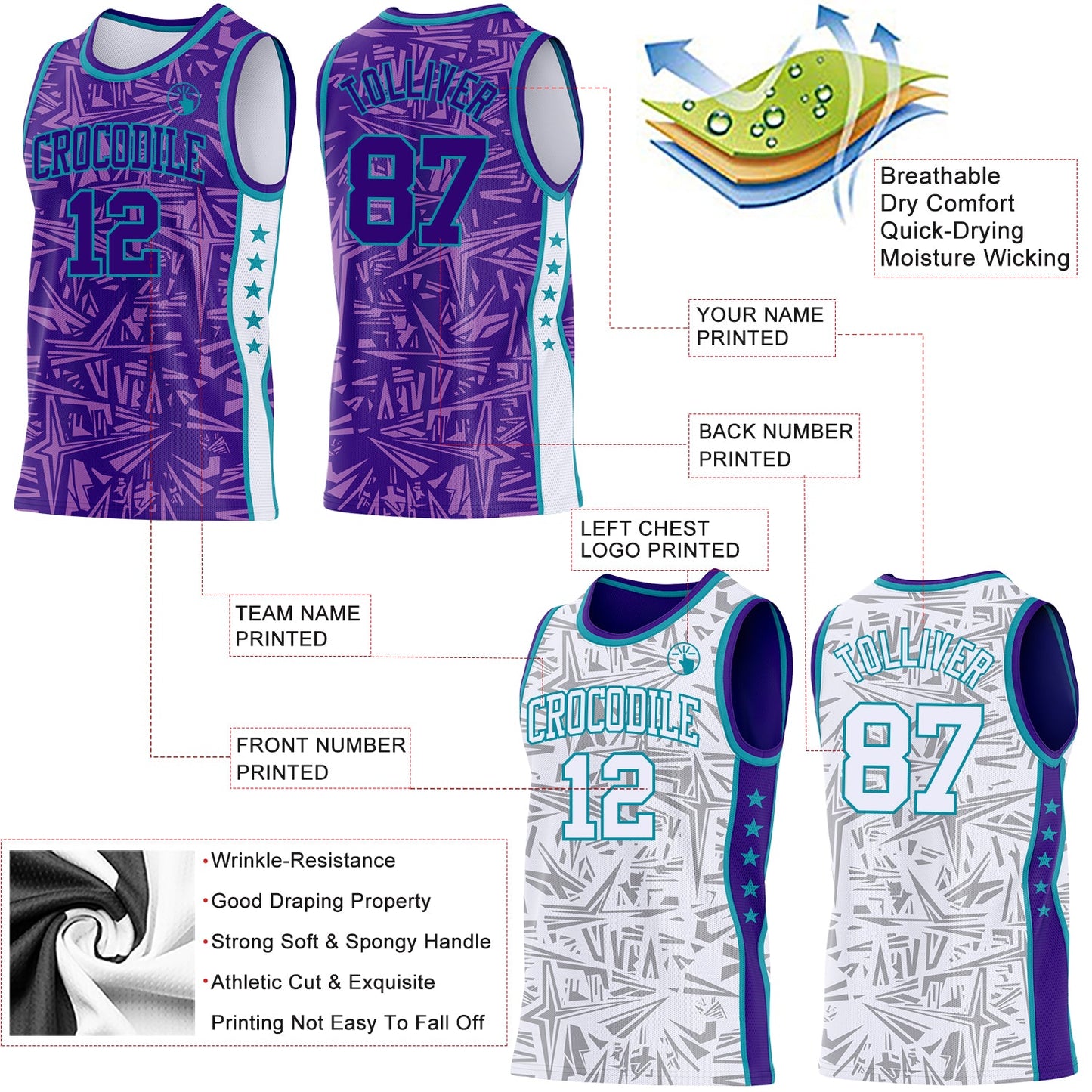 Custom Purple Teal-White Side Panel Stripe Stars Geometric Shatter Starburst Reversible Double Side Sublimation Basketball Set Jersey view 3