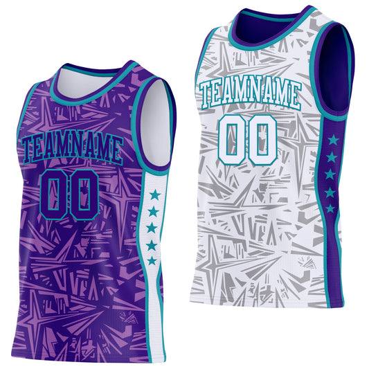 Custom Purple Teal-White Side Panel Stripe Stars Geometric Shatter Starburst Reversible Double Side Sublimation Basketball Set Jersey - Main View