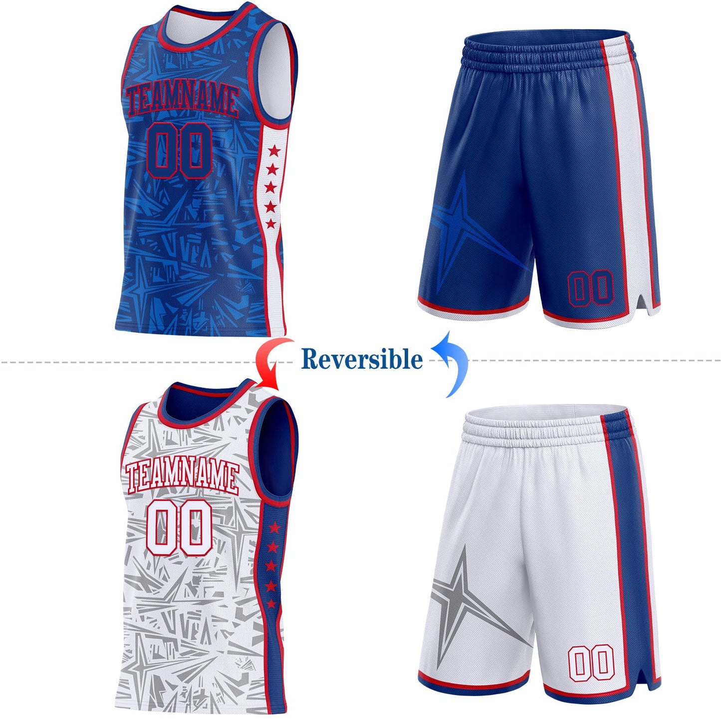 Custom Royal Red-White Side Panel Stripe Stars Geometric Shatter Starburst Reversible Double Side Sublimation Basketball Set Jersey view 2