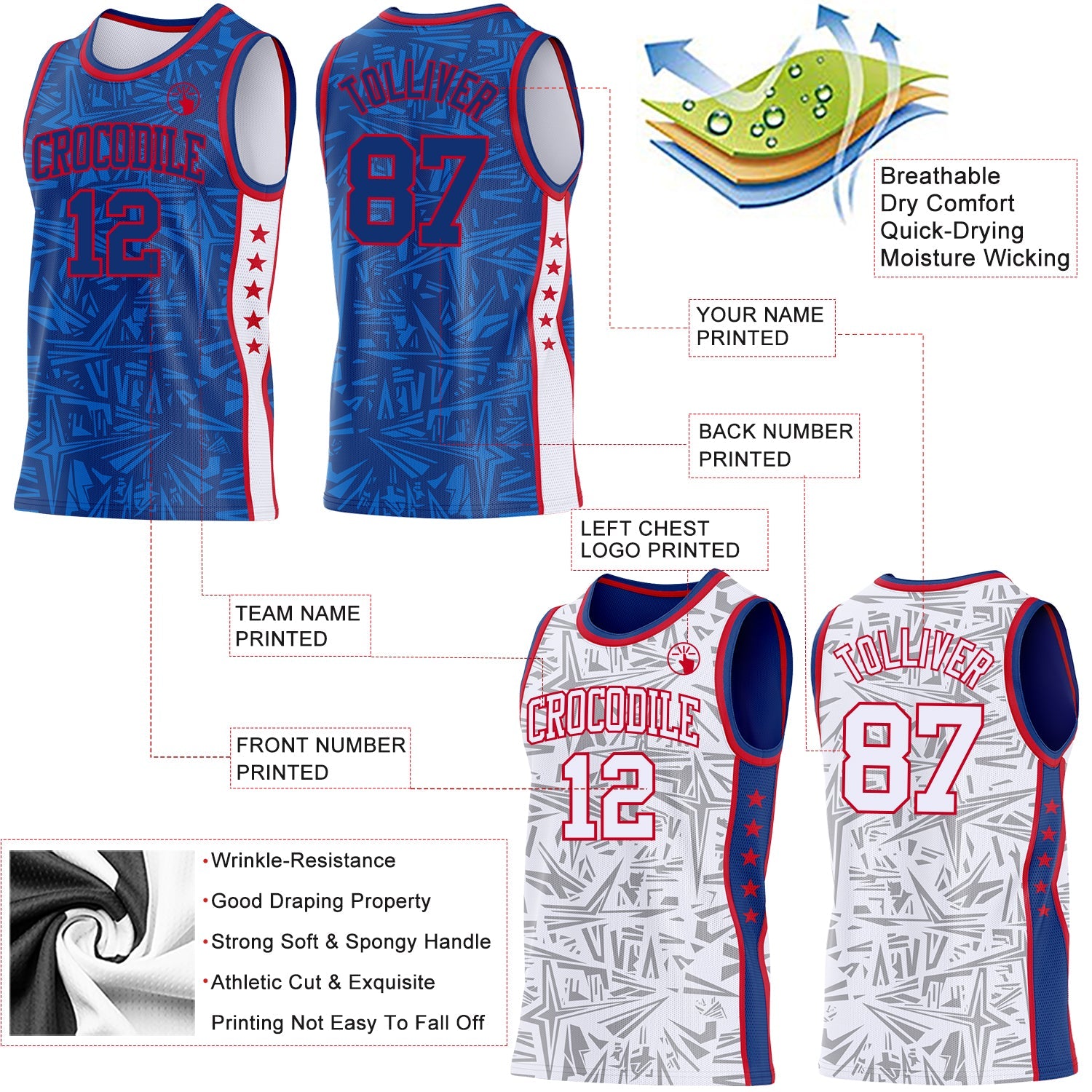 Custom Royal Red-White Side Panel Stripe Stars Geometric Shatter Starburst Reversible Double Side Sublimation Basketball Set Jersey view 3