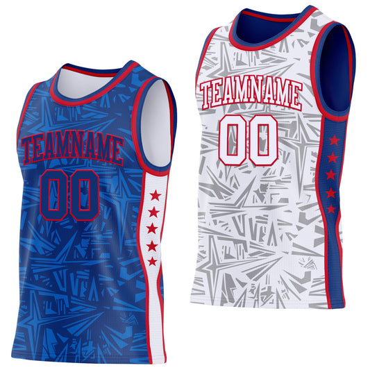 Custom Royal Red-White Side Panel Stripe Stars Geometric Shatter Starburst Reversible Double Side Sublimation Basketball Set Jersey - Main View