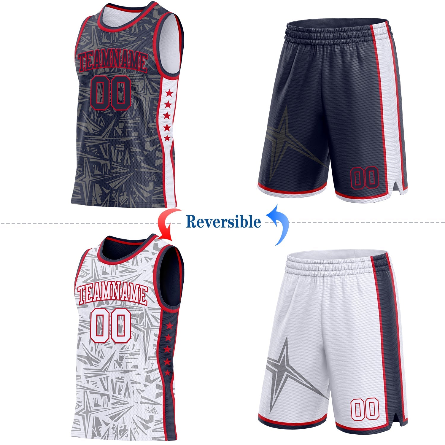 Custom Navy Red-White Side Panel Stripe Stars Geometric Shatter Starburst Reversible Double Side Sublimation Basketball Set Jersey view 2