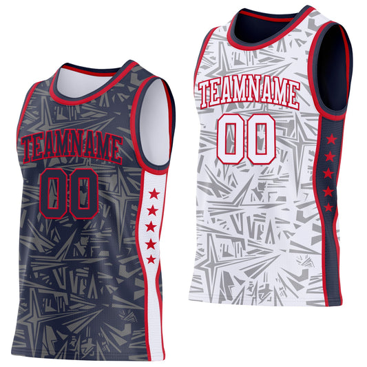 Custom Navy Red-White Side Panel Stripe Stars Geometric Shatter Starburst Reversible Double Side Sublimation Basketball Set Jersey - Main View
