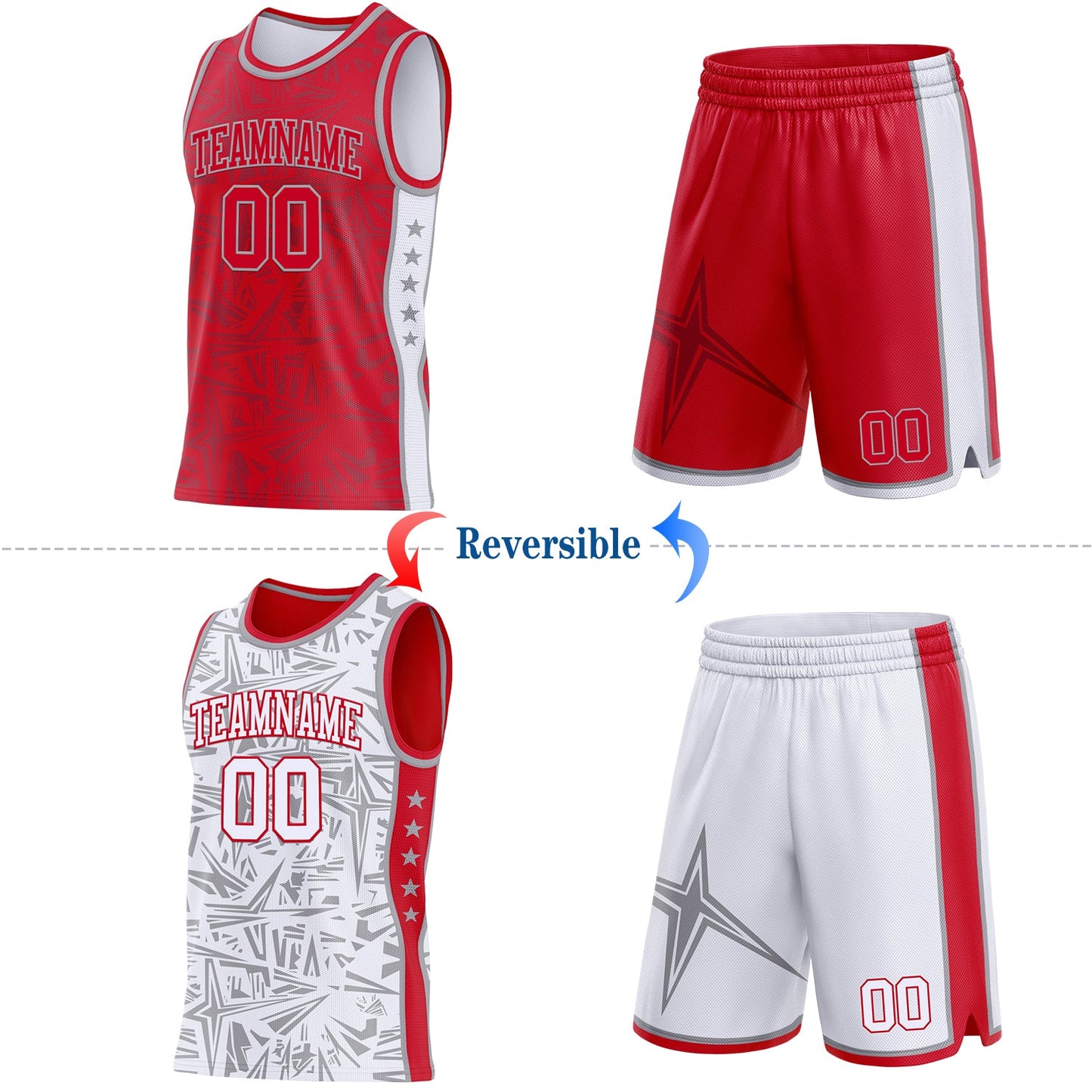 Custom Red Gray-White Side Panel Stripe Stars Geometric Shatter Starburst Reversible Double Side Sublimation Basketball Set Jersey view 2