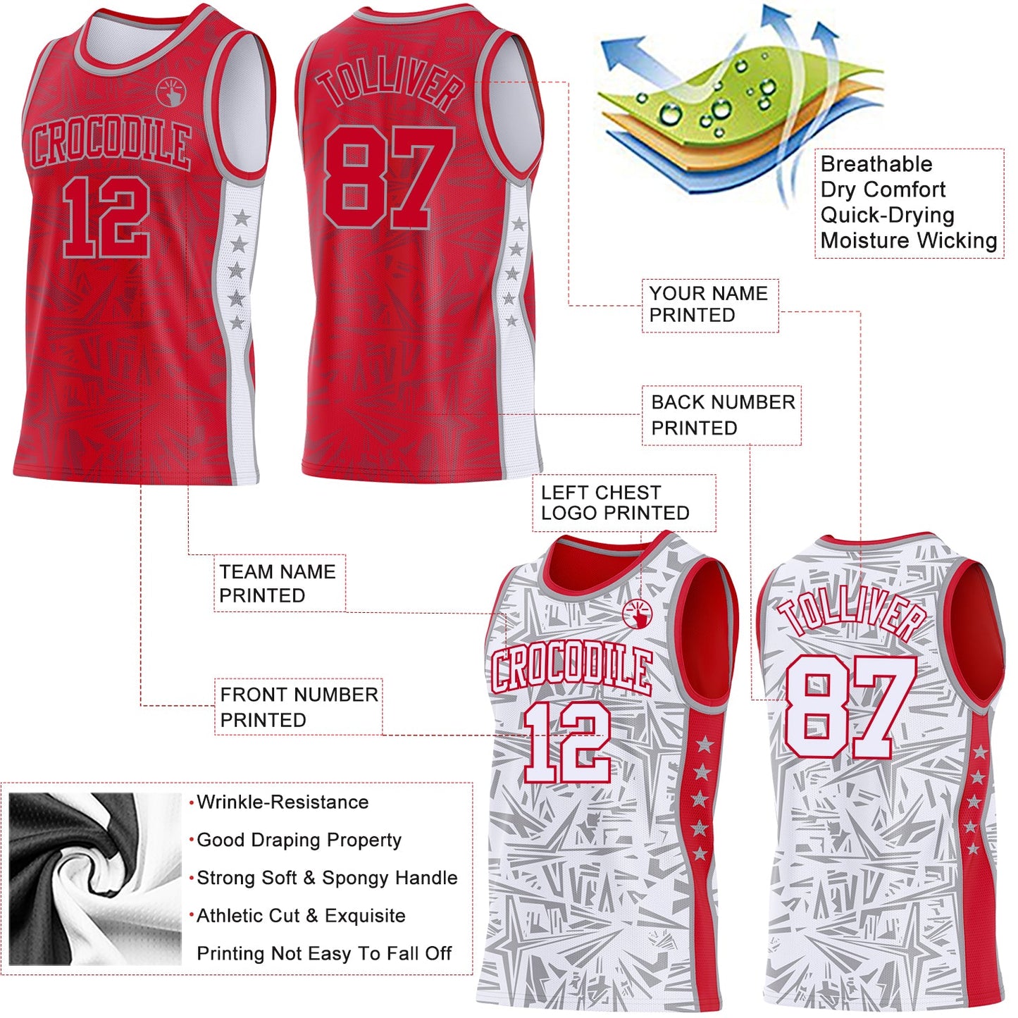 Custom Red Gray-White Side Panel Stripe Stars Geometric Shatter Starburst Reversible Double Side Sublimation Basketball Set Jersey view 3