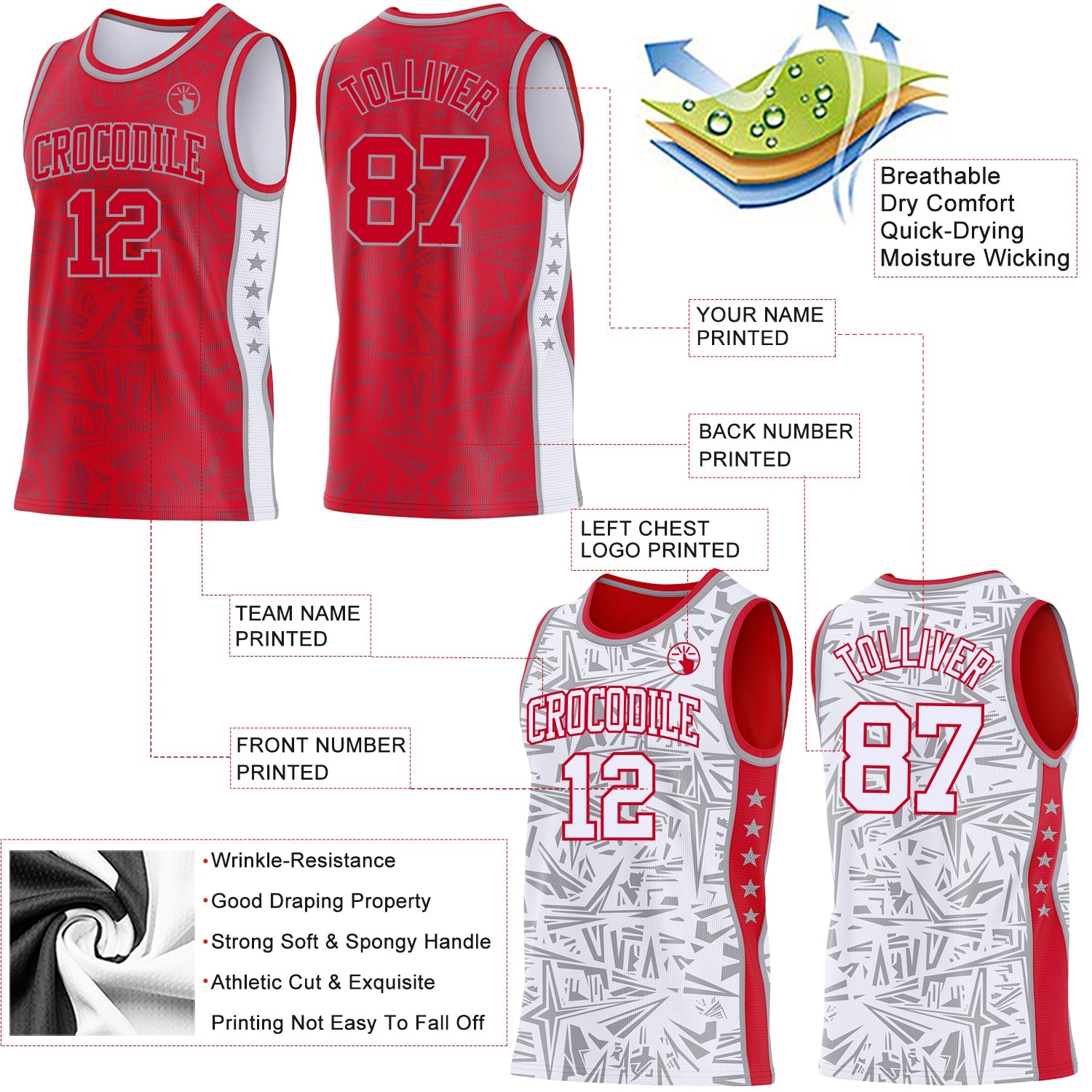 Custom Red Gray-White Side Panel Stripe Stars Geometric Shatter Starburst Reversible Double Side Sublimation Basketball Set Jersey view 3