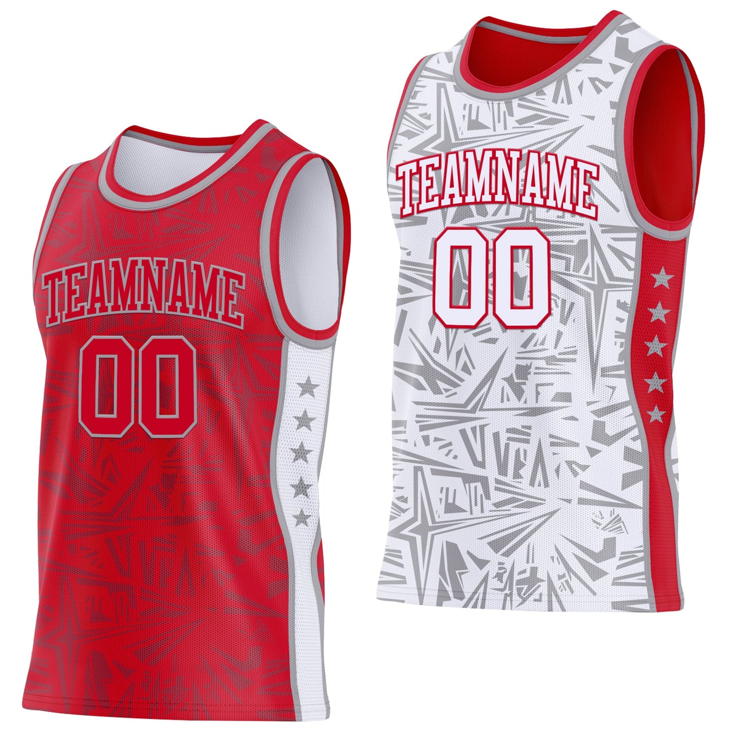 Custom Red Gray-White Side Panel Stripe Stars Geometric Shatter Starburst Reversible Double Side Sublimation Basketball Set Jersey - Main View