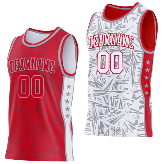 Custom Red Gray-White Side Panel Stripe Stars Geometric Shatter Starburst Reversible Double Side Sublimation Basketball Set Jersey - Main View