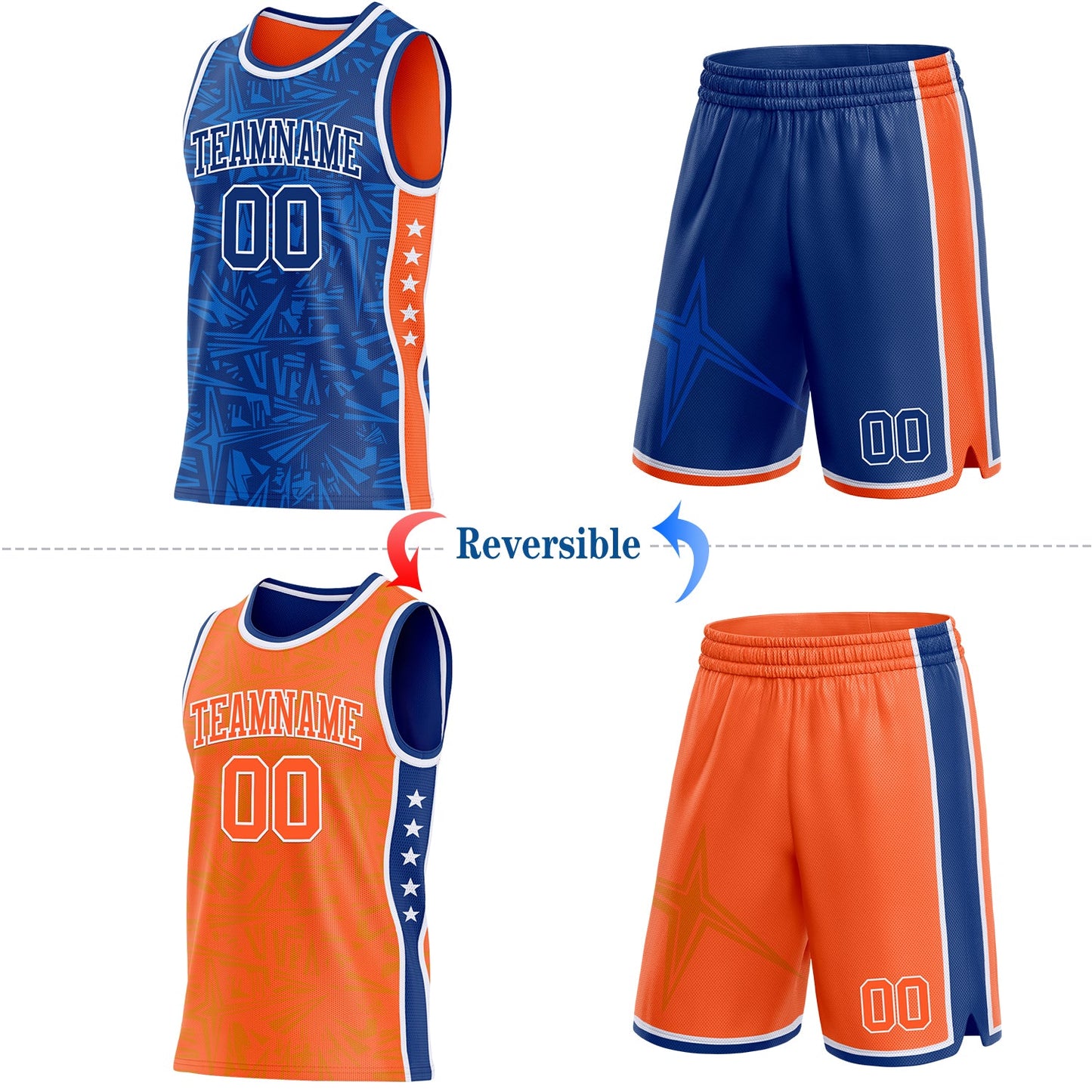 Custom Royal White-Orange Side Panel Stripe Stars Geometric Shatter Starburst Reversible Double Side Sublimation Basketball Set Jersey view 2