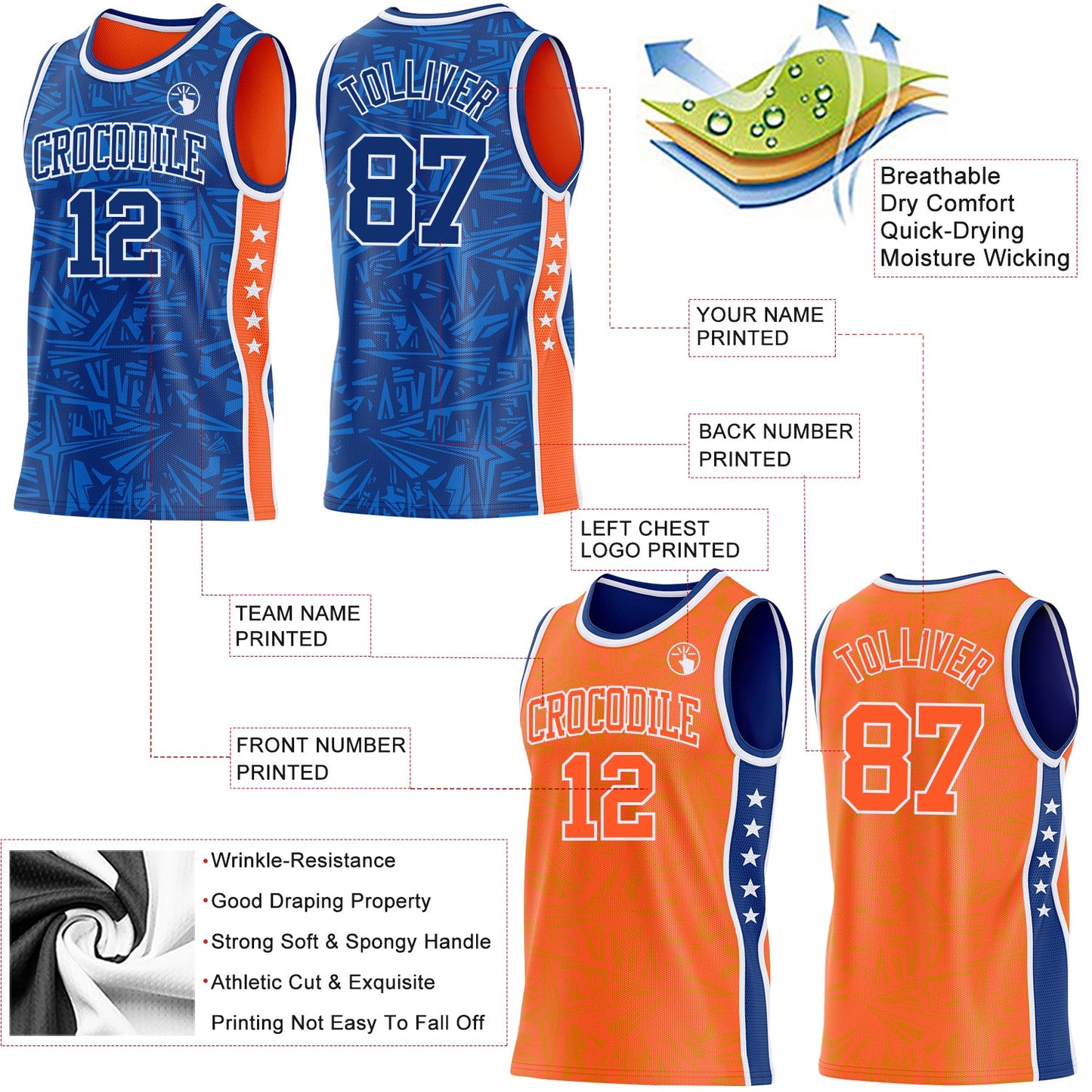 Custom Royal White-Orange Side Panel Stripe Stars Geometric Shatter Starburst Reversible Double Side Sublimation Basketball Set Jersey view 3