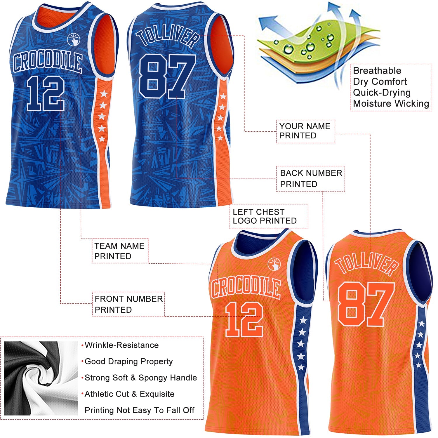 Custom Royal White-Orange Side Panel Stripe Stars Geometric Shatter Starburst Reversible Double Side Sublimation Basketball Set Jersey view 3