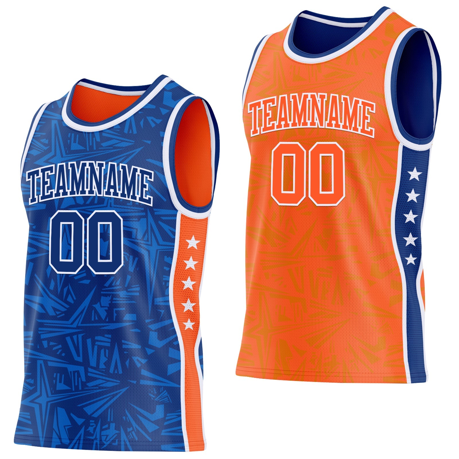 Custom Royal White-Orange Side Panel Stripe Stars Geometric Shatter Starburst Reversible Double Side Sublimation Basketball Set Jersey - Main View