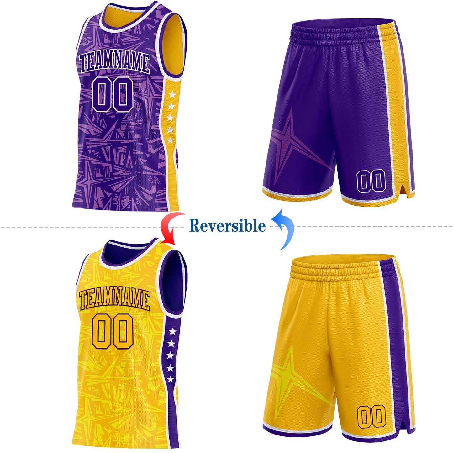 Custom Purple White-Gold Side Panel Stripe Stars Geometric Shatter Starburst Reversible Double Side Sublimation Basketball Set Jersey view 2