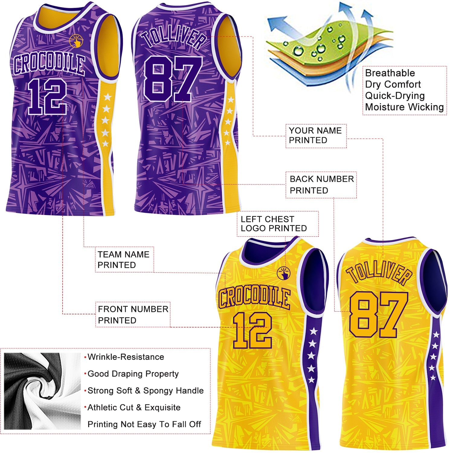 Custom Purple White-Gold Side Panel Stripe Stars Geometric Shatter Starburst Reversible Double Side Sublimation Basketball Set Jersey view 3