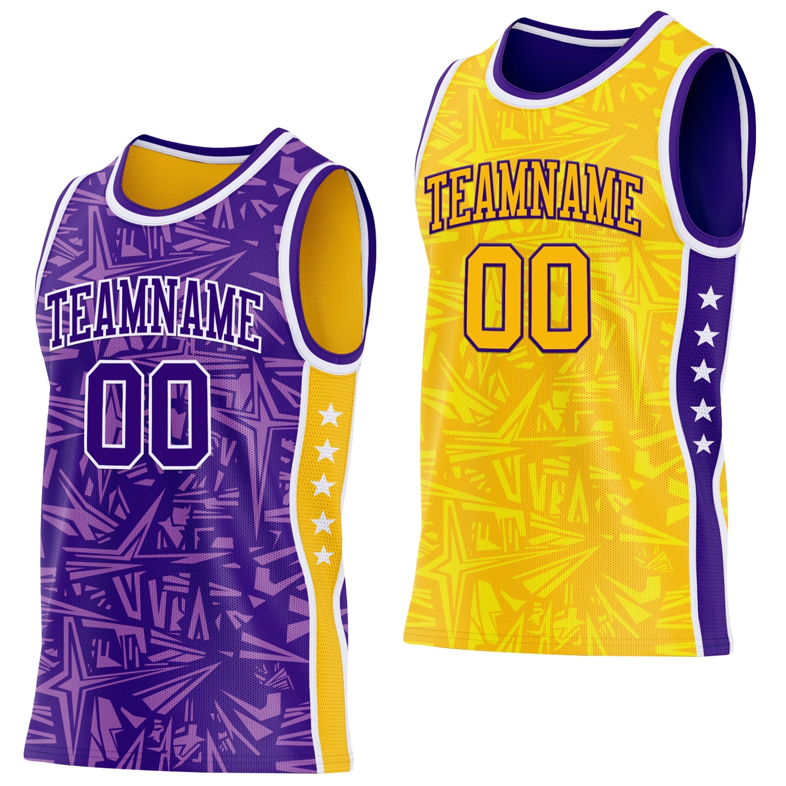 Custom Purple White-Gold Side Panel Stripe Stars Geometric Shatter Starburst Reversible Double Side Sublimation Basketball Set Jersey - Main View