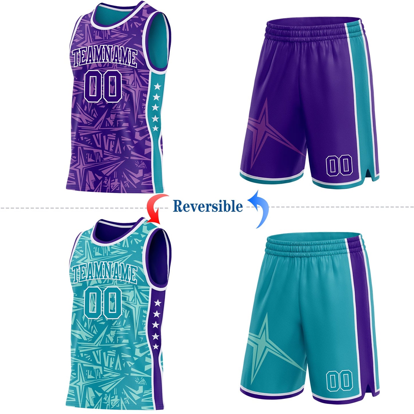 Custom Purple White-Teal Side Panel Stripe Stars Geometric Shatter Starburst Reversible Double Side Sublimation Basketball Set Jersey view 2