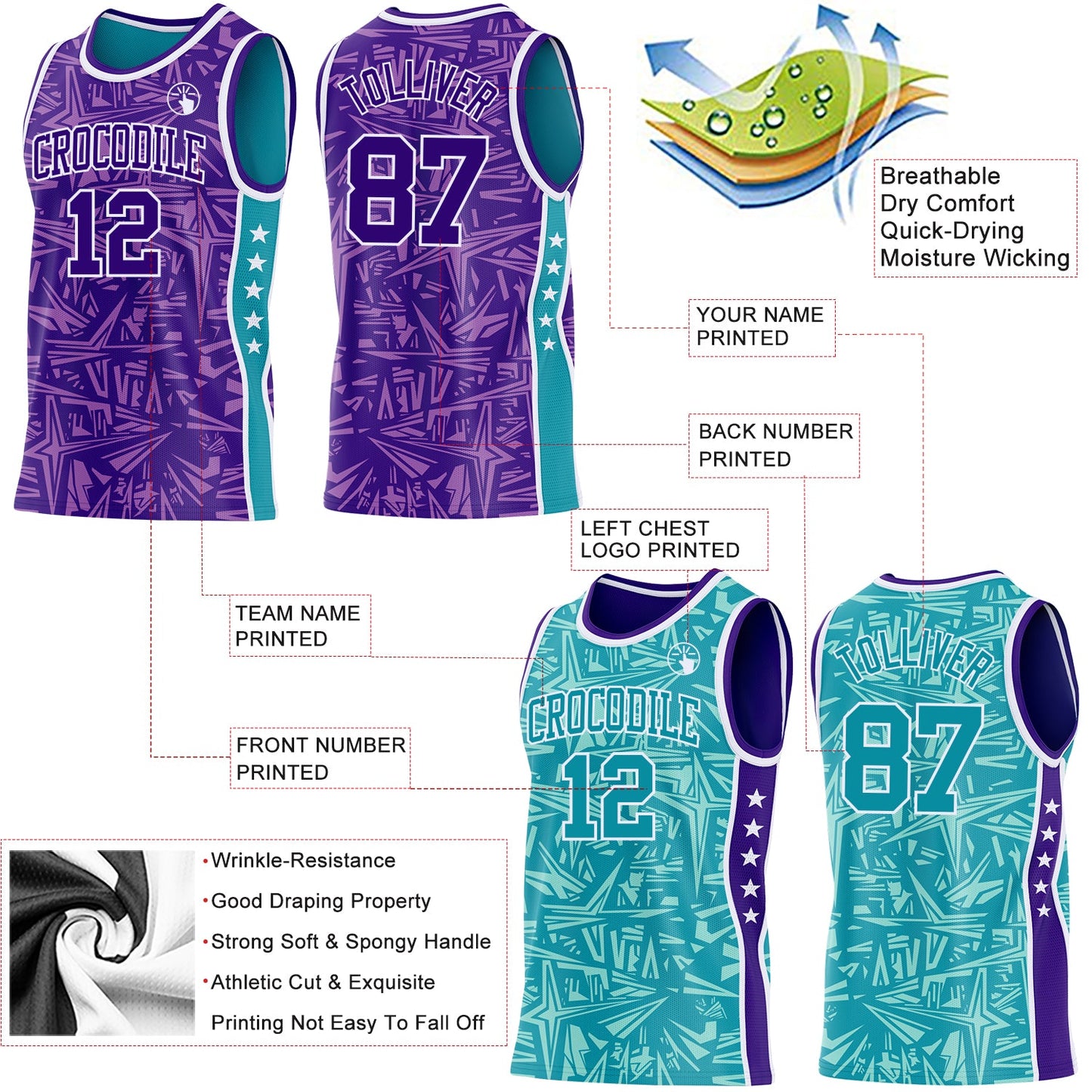 Custom Purple White-Teal Side Panel Stripe Stars Geometric Shatter Starburst Reversible Double Side Sublimation Basketball Set Jersey view 3