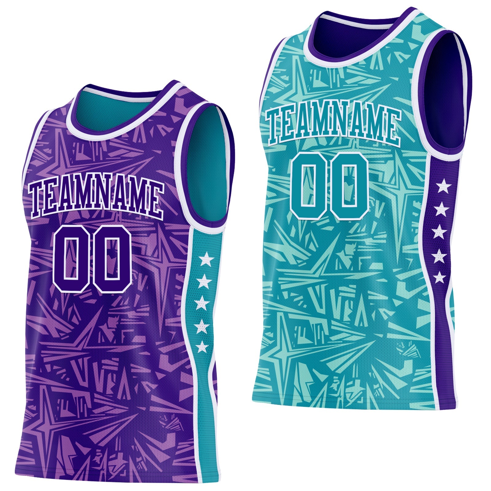 Custom Purple White-Teal Side Panel Stripe Stars Geometric Shatter Starburst Reversible Double Side Sublimation Basketball Set Jersey - Main View