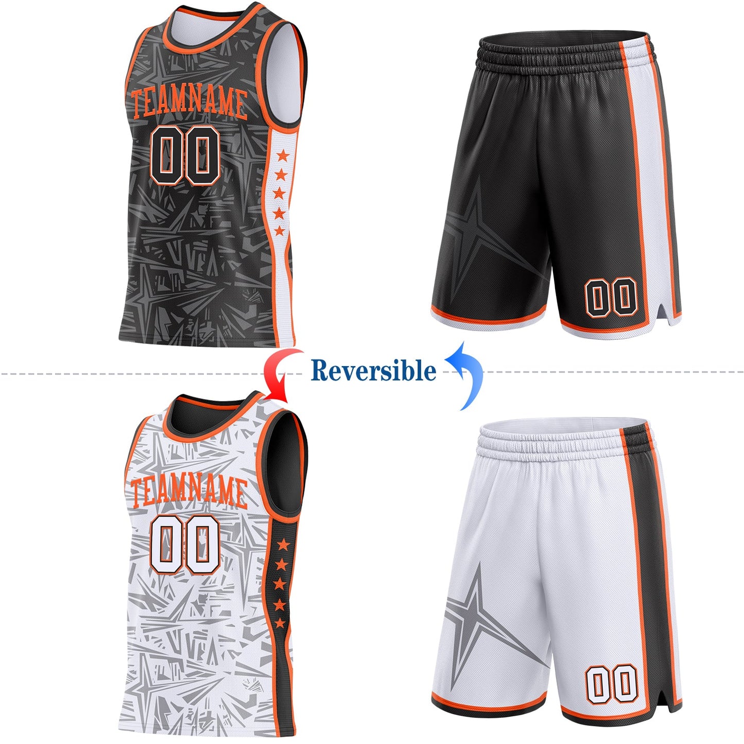 Custom Black White-Orange Side Panel Stripe Stars Geometric Shatter Starburst Reversible Double Side Sublimation Basketball Set Jersey view 2