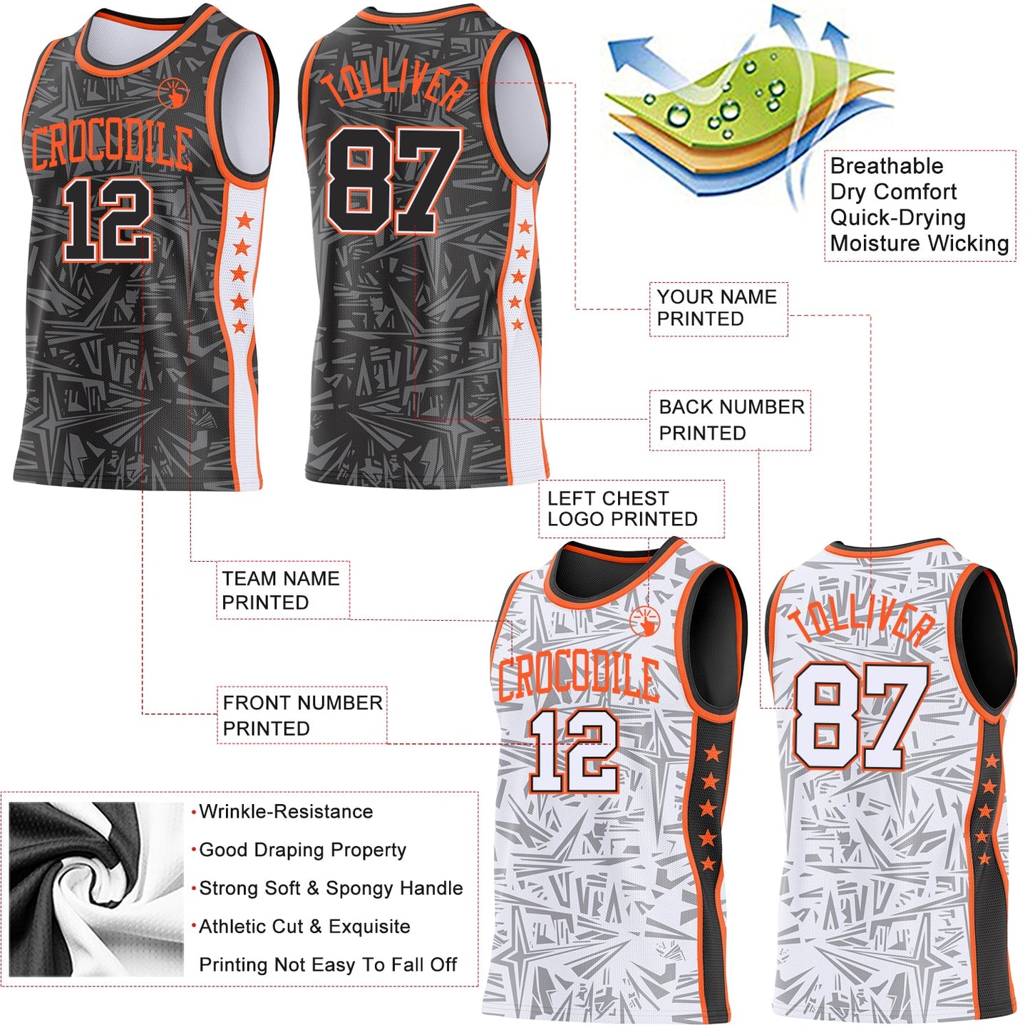 Custom Black White-Orange Side Panel Stripe Stars Geometric Shatter Starburst Reversible Double Side Sublimation Basketball Set Jersey view 3