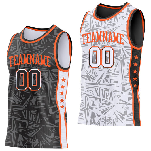 Custom Black White-Orange Side Panel Stripe Stars Geometric Shatter Starburst Reversible Double Side Sublimation Basketball Set Jersey - Main View