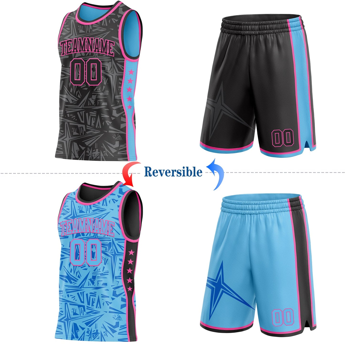 Custom Black Pink-Sky Blue Side Panel Stripe Stars Geometric Shatter Starburst Reversible Double Side Sublimation Basketball Set Jersey view 2