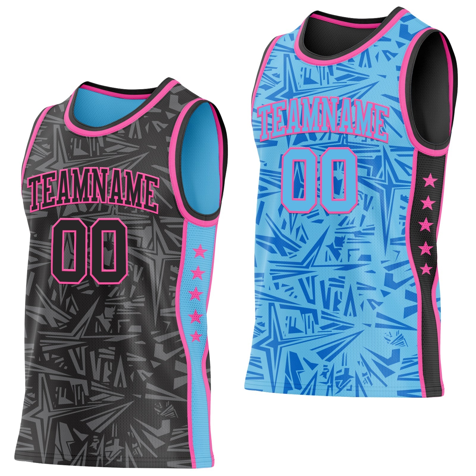 Custom Black Pink-Sky Blue Side Panel Stripe Stars Geometric Shatter Starburst Reversible Double Side Sublimation Basketball Set Jersey - Main View