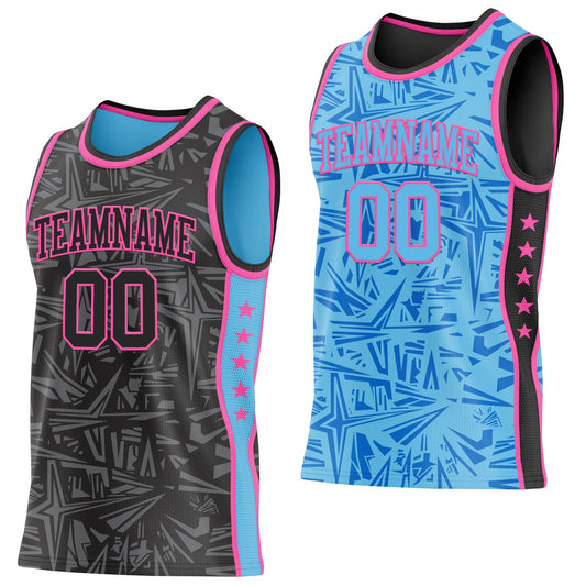 Custom Black Pink-Sky Blue Side Panel Stripe Stars Geometric Shatter Starburst Reversible Double Side Sublimation Basketball Set Jersey - Main View
