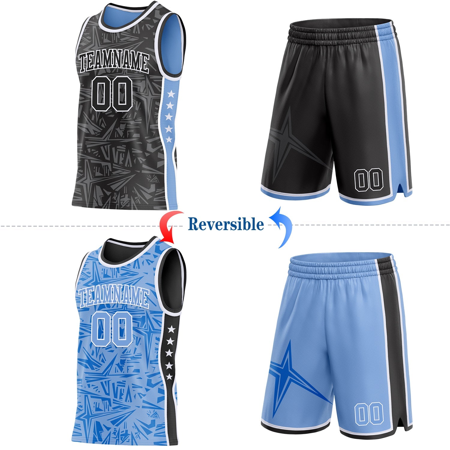 Custom Black White-Light Blue Side Panel Stripe Stars Geometric Shatter Starburst Reversible Double Side Sublimation Basketball Set Jersey view 2